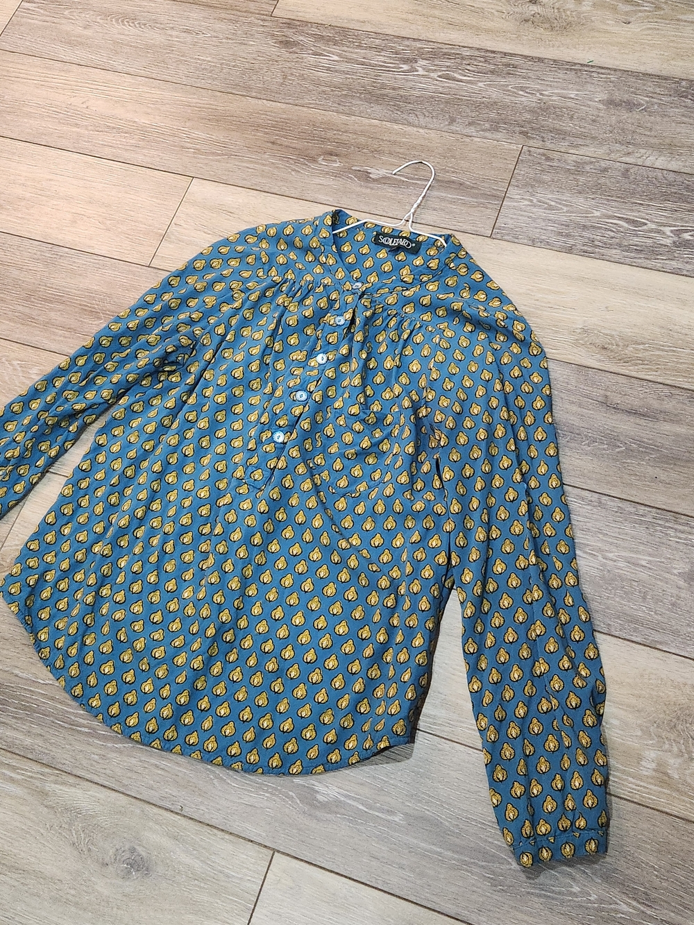 Souleiado Teardrop-Print Long Sleeve Blue Button-Front Blouse Size 42 Or Large